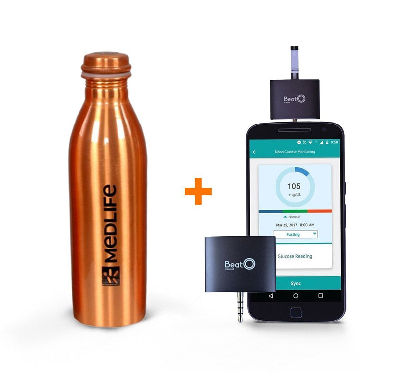 Medlife Copper Bottle (Pack Of 1) & Beato Smartphone Glucometer With 20 Strips
